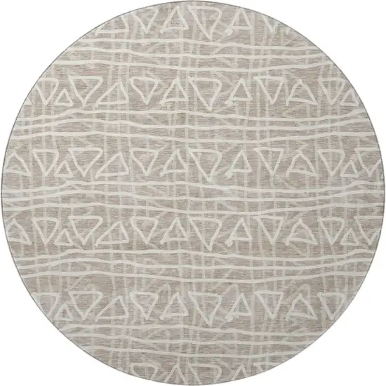 8' Taupe And Beige Geometric Washable Round Rug With UV Protection Photo 3