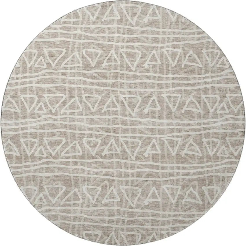 8' Taupe And Beige Geometric Washable Round Rug With UV Protection Photo 3