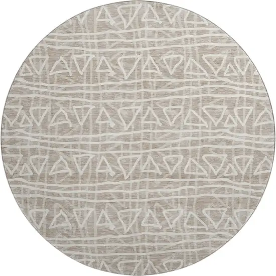 8' Taupe And Beige Geometric Washable Round Rug With UV Protection Photo 1
