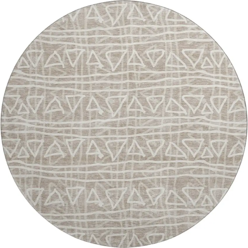 8' Taupe And Beige Geometric Washable Round Rug With UV Protection Photo 1