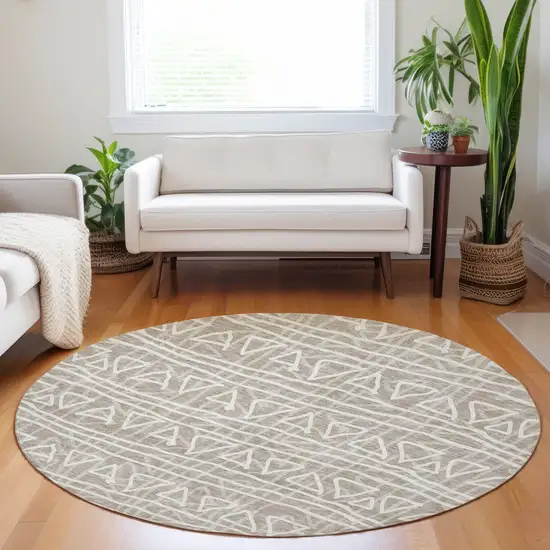 8' Taupe And Beige Geometric Washable Round Rug With UV Protection Photo 4