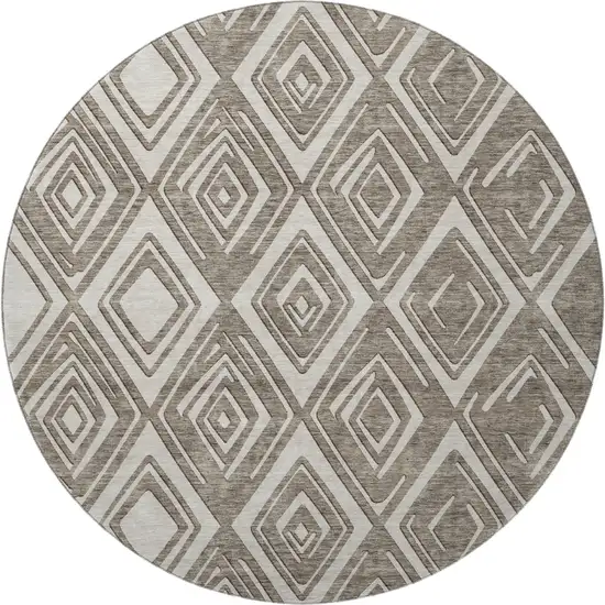 8' Taupe And Beige Geometric Washable Round Rug With UV Protection Photo 5