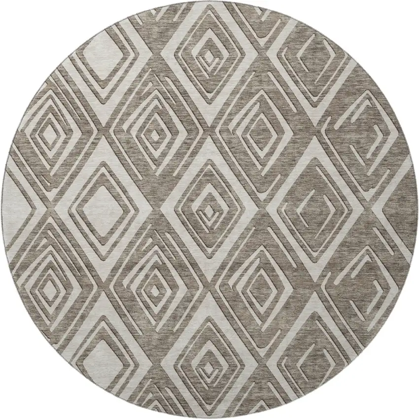 8' Taupe And Beige Geometric Washable Round Rug With UV Protection Photo 5