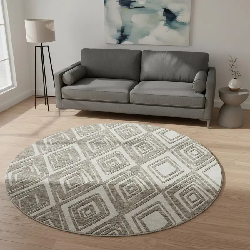 8' Taupe And Beige Geometric Washable Round Rug With UV Protection Photo 1