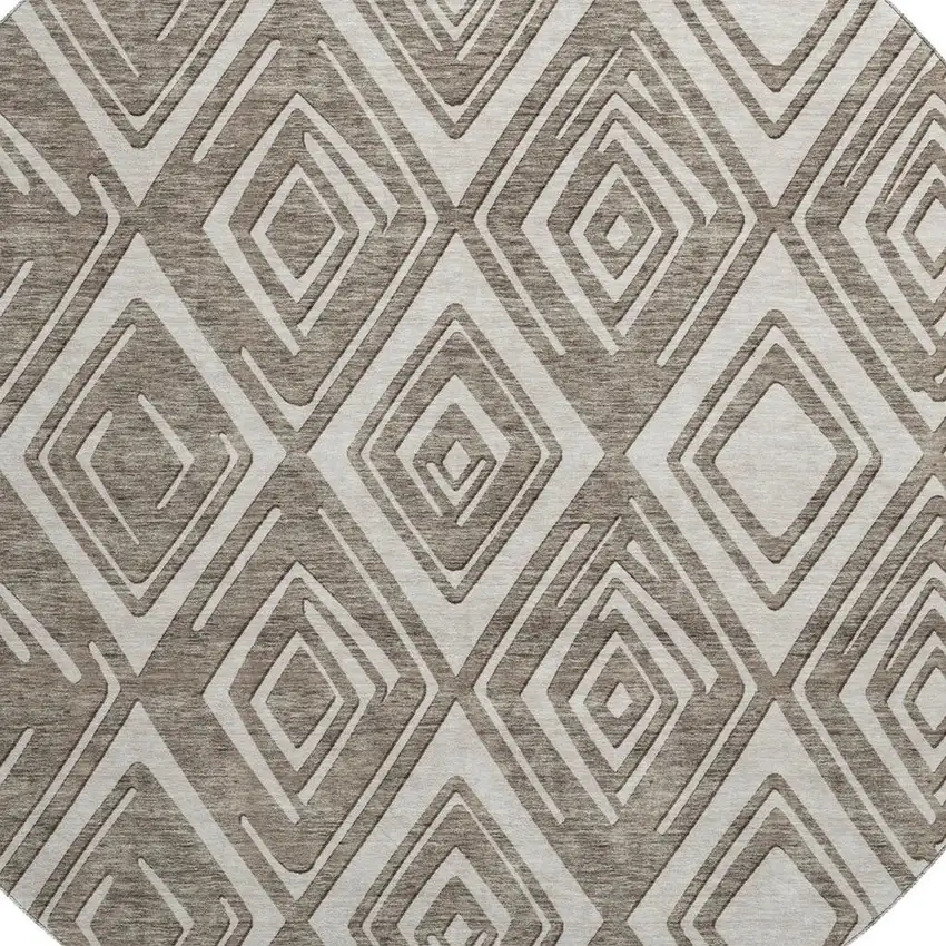 8' Taupe And Beige Geometric Washable Round Rug With UV Protection Photo 4