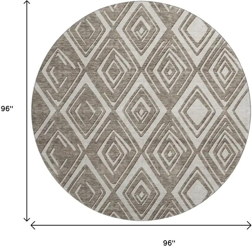 8' Taupe And Beige Geometric Washable Round Rug With UV Protection Photo 3