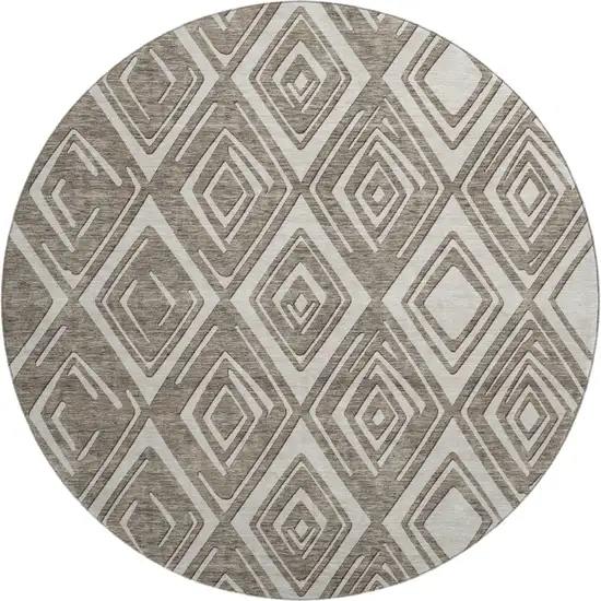 8' Taupe And Beige Geometric Washable Round Rug With UV Protection Photo 2