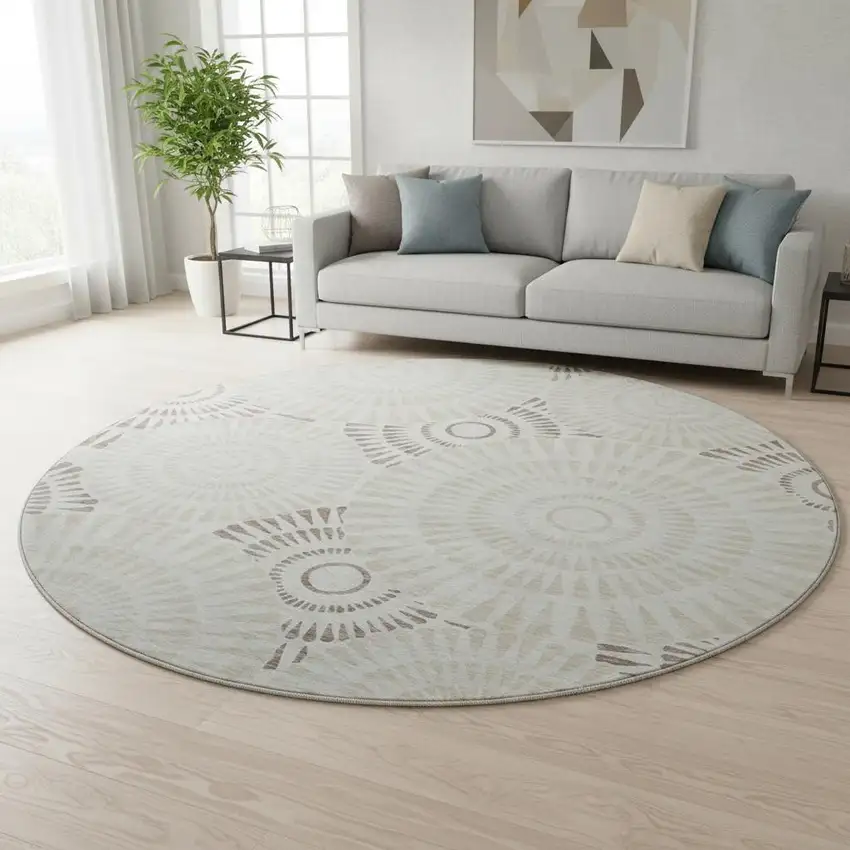 8' Taupe And Beige Geometric Washable Round Rug With UV Protection Photo 2