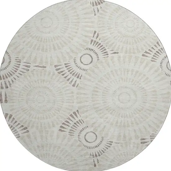 8' Taupe And Beige Geometric Washable Round Rug With UV Protection Photo 3