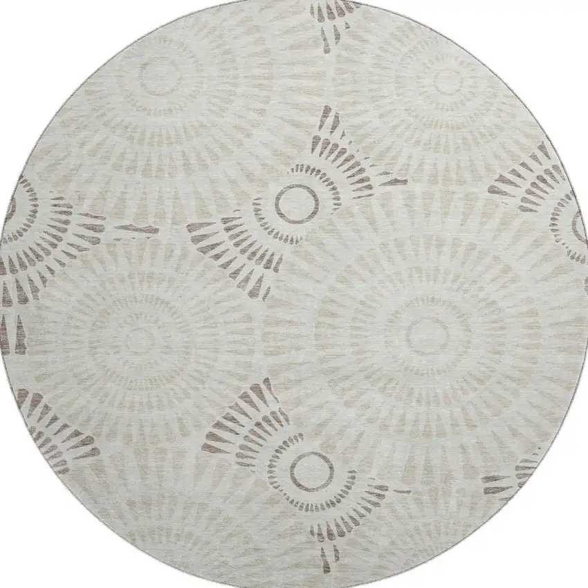 8' Taupe And Beige Geometric Washable Round Rug With UV Protection Photo 3