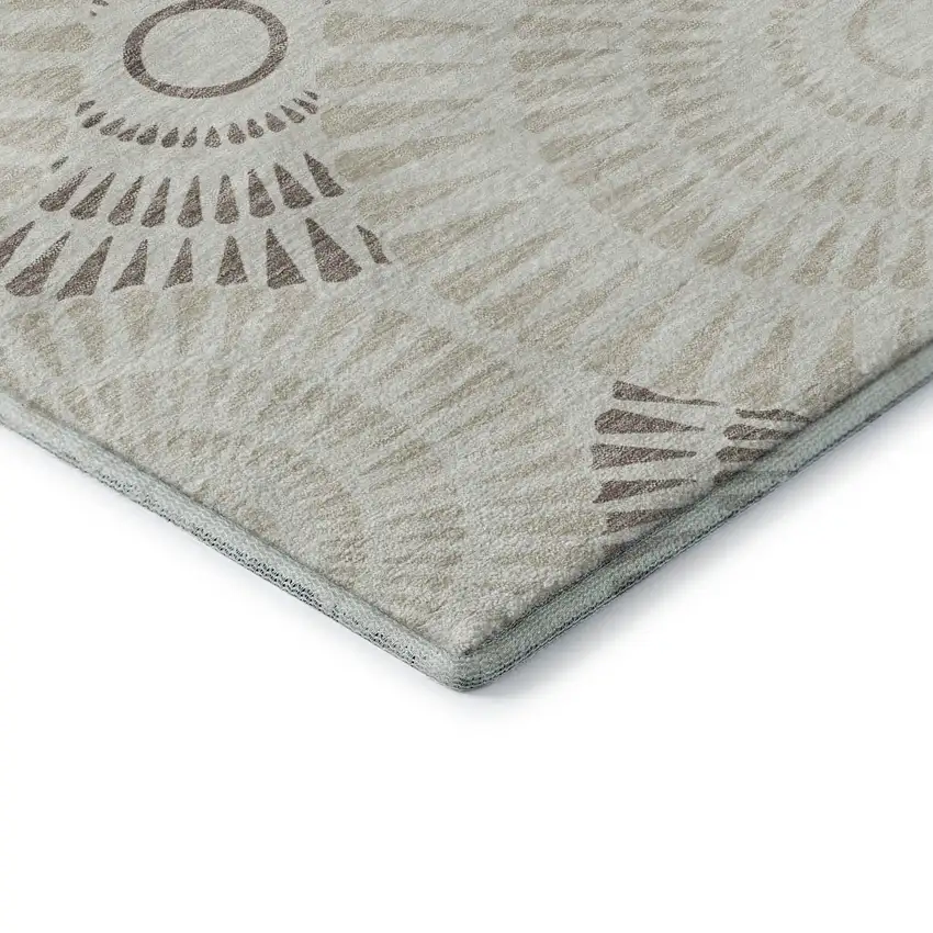 8' Taupe And Beige Geometric Washable Round Rug With UV Protection Photo 7