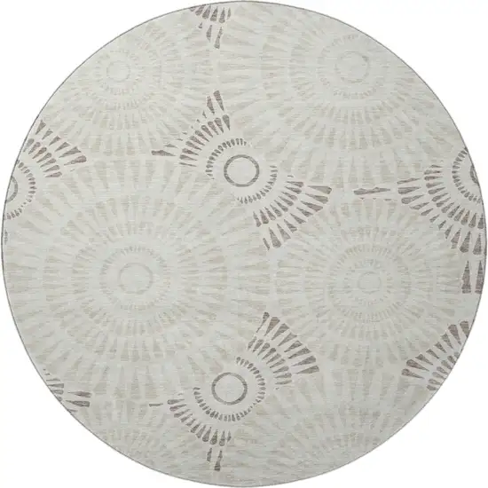 8' Taupe And Beige Geometric Washable Round Rug With UV Protection Photo 4