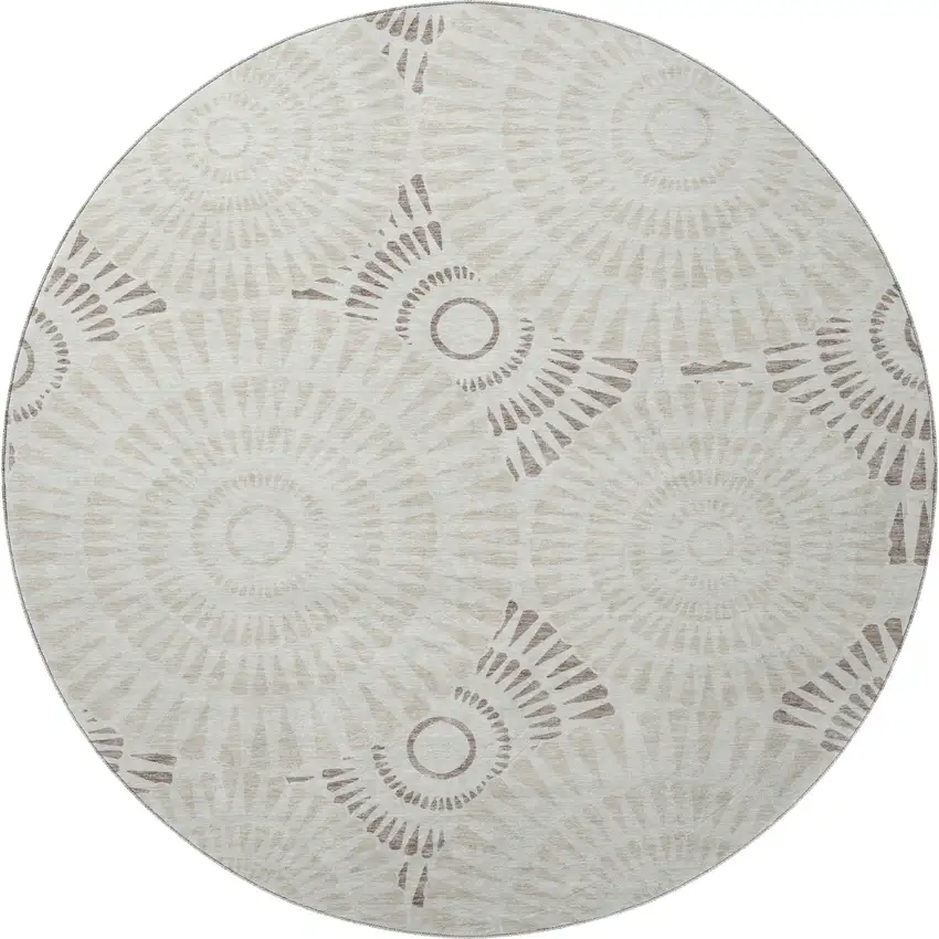 8' Taupe And Beige Geometric Washable Round Rug With UV Protection Photo 4
