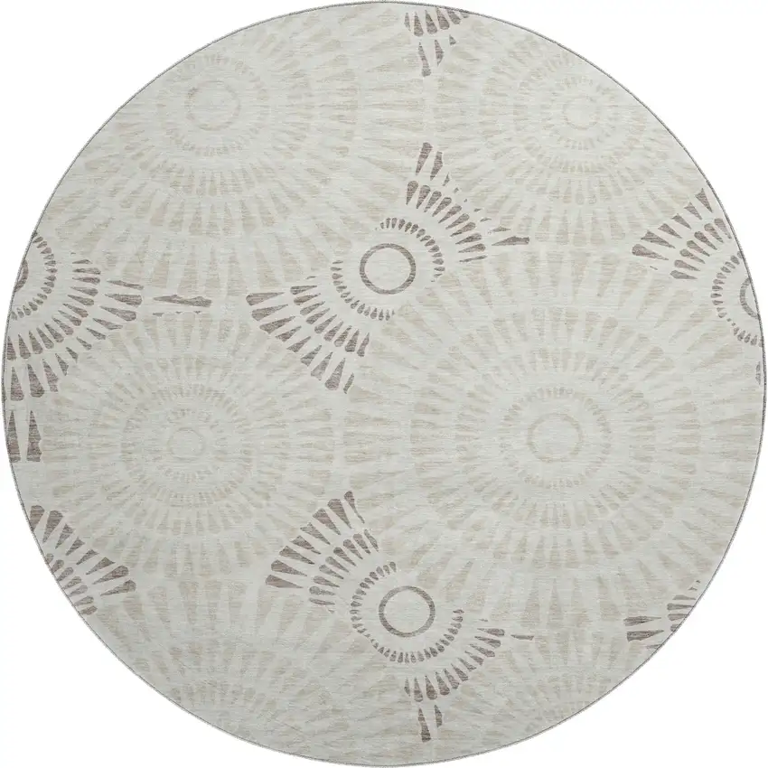 8' Taupe And Beige Geometric Washable Round Rug With UV Protection Photo 1