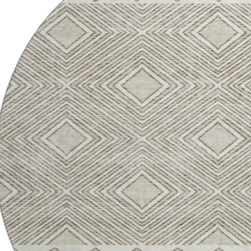 8' Taupe And Beige Geometric Washable Round Rug With UV Protection Photo 4