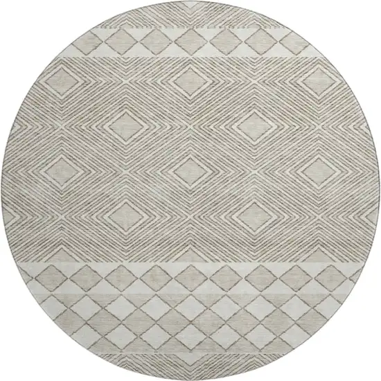 8' Taupe And Beige Geometric Washable Round Rug With UV Protection Photo 1