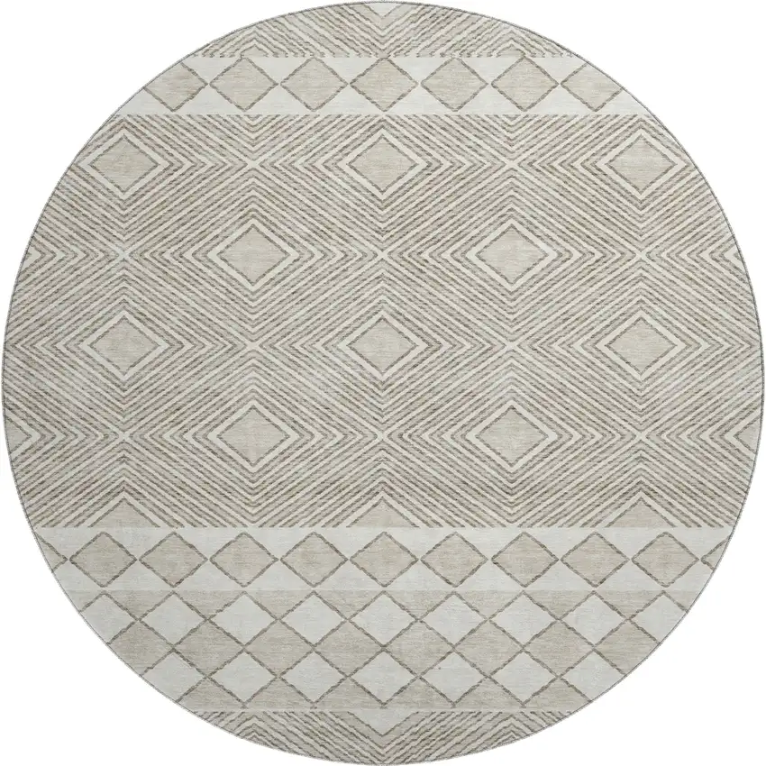 8' Taupe And Beige Geometric Washable Round Rug With UV Protection Photo 1