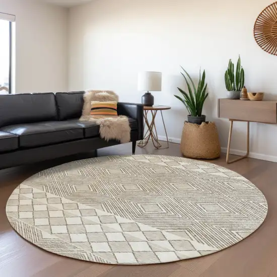 8' Taupe And Beige Geometric Washable Round Rug With UV Protection Photo 5