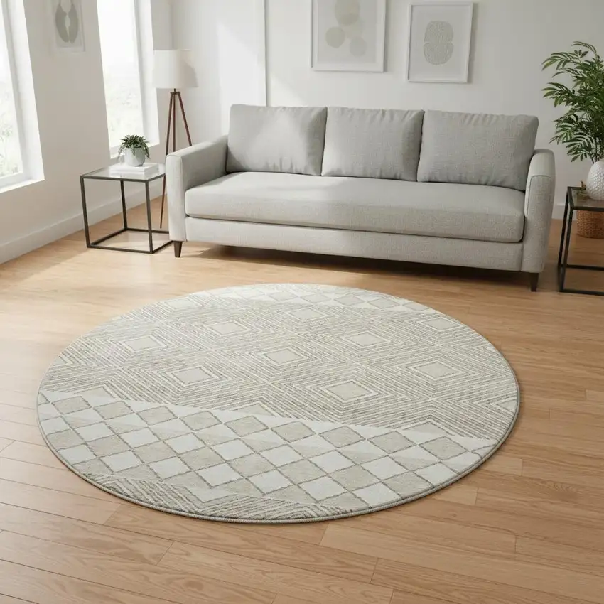 8' Taupe And Beige Geometric Washable Round Rug With UV Protection Photo 2