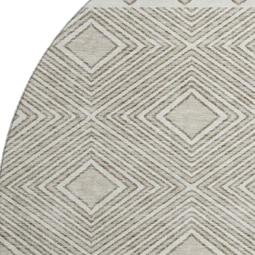 8' Taupe And Beige Geometric Washable Round Rug With UV Protection Photo 3