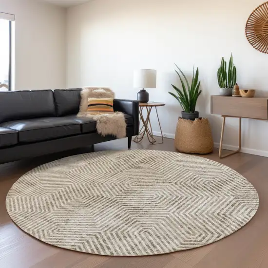 8' Taupe And Beige Geometric Washable Round Rug With UV Protection Photo 5