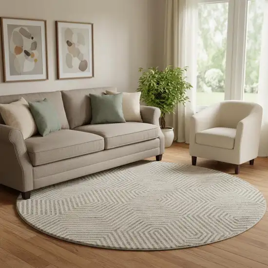 8' Taupe And Beige Geometric Washable Round Rug With UV Protection Photo 1