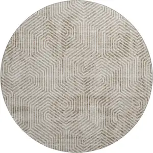 Photo of 8' Taupe And Beige Geometric Washable Round Rug With UV Protection