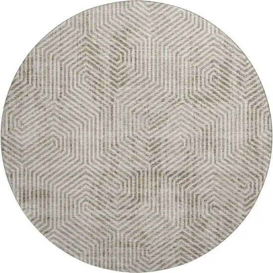 8' Taupe And Beige Geometric Washable Round Rug With UV Protection Photo 1