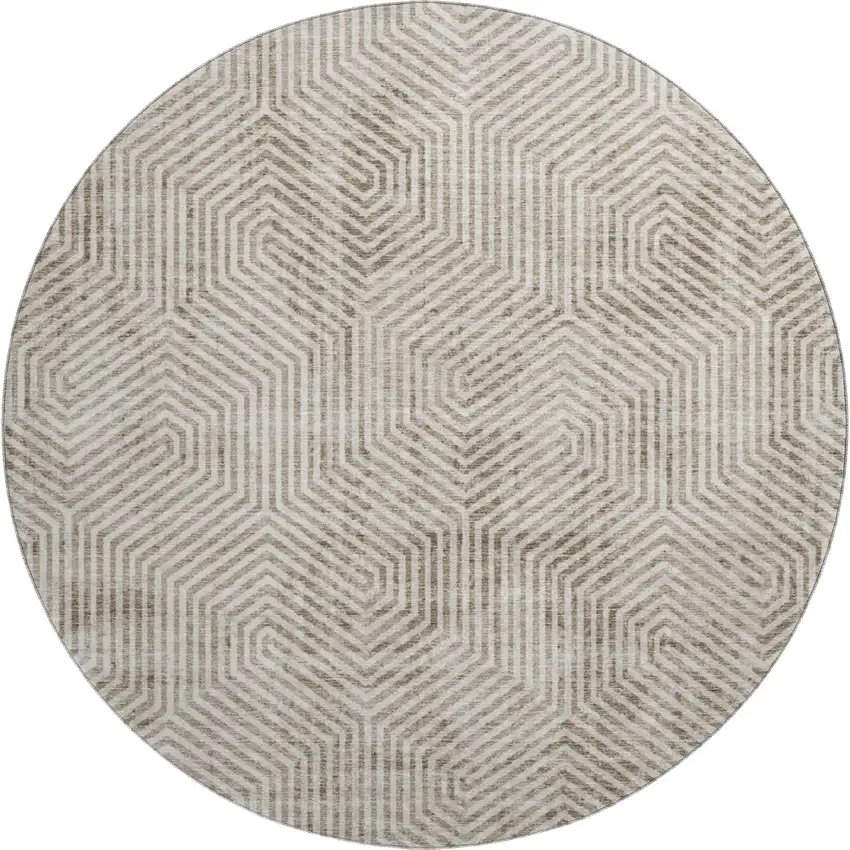8' Taupe And Beige Geometric Washable Round Rug With UV Protection Photo 1