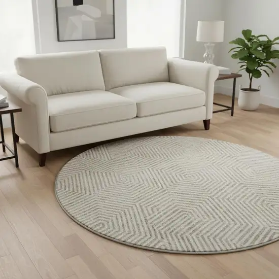 8' Taupe And Beige Geometric Washable Round Rug With UV Protection Photo 2