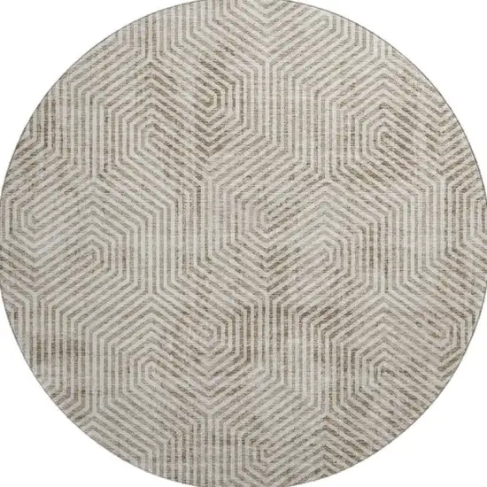 8' Taupe And Beige Geometric Washable Round Rug With UV Protection Photo 4