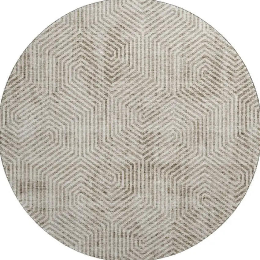 8' Taupe And Beige Geometric Washable Round Rug With UV Protection Photo 4