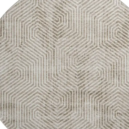 8' Taupe And Beige Geometric Washable Round Rug With UV Protection Photo 3