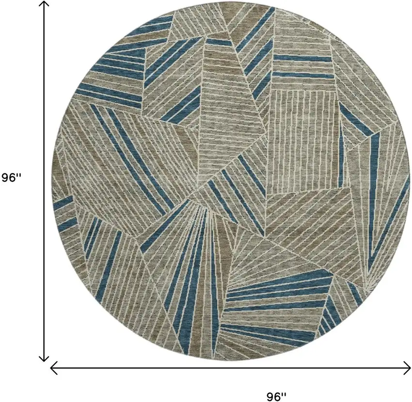 8' Taupe And Beige Geometric Washable Round Rug With UV Protection Photo 3