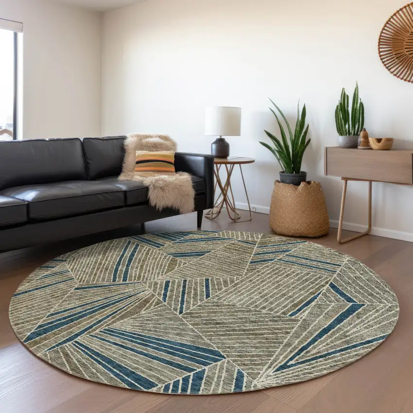 8' Taupe And Beige Geometric Washable Round Rug With UV Protection Photo 5