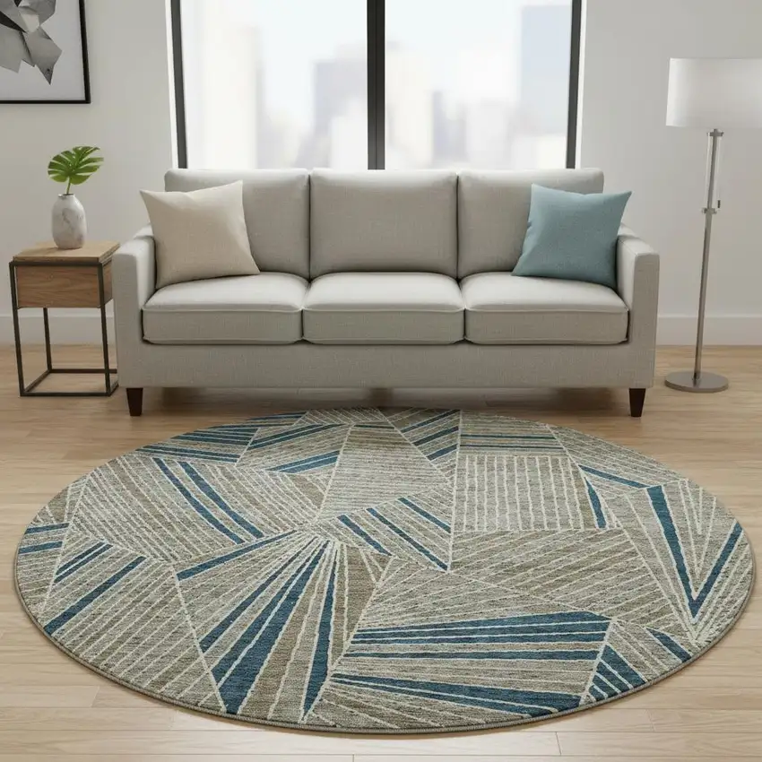 8' Taupe And Beige Geometric Washable Round Rug With UV Protection Photo 2
