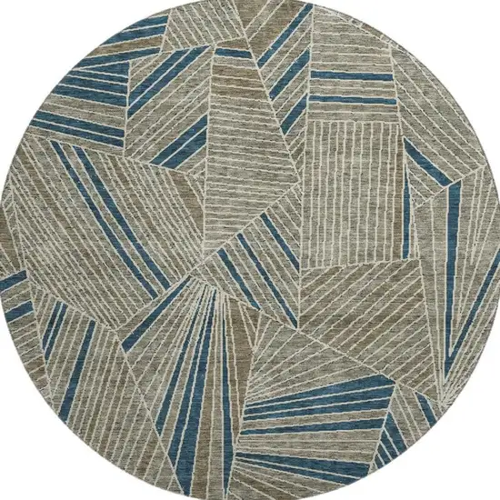 8' Taupe And Beige Geometric Washable Round Rug With UV Protection Photo 4