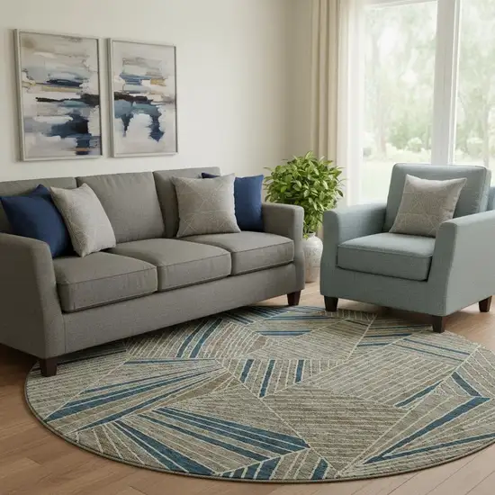 8' Taupe And Beige Geometric Washable Round Rug With UV Protection Photo 1