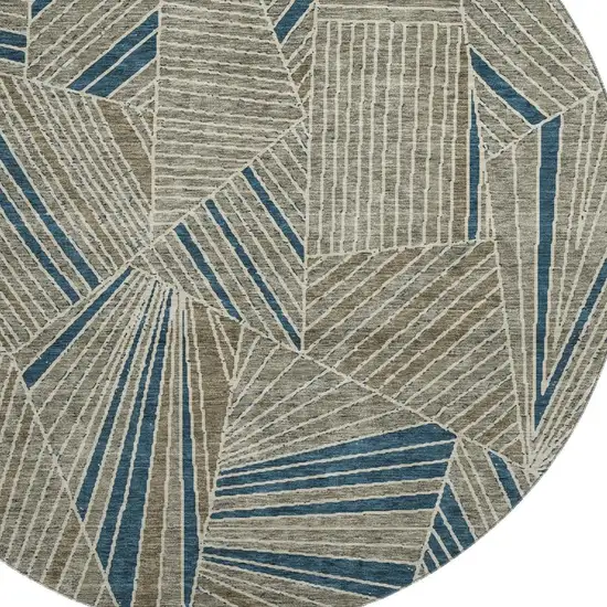 8' Taupe And Beige Geometric Washable Round Rug With UV Protection Photo 3