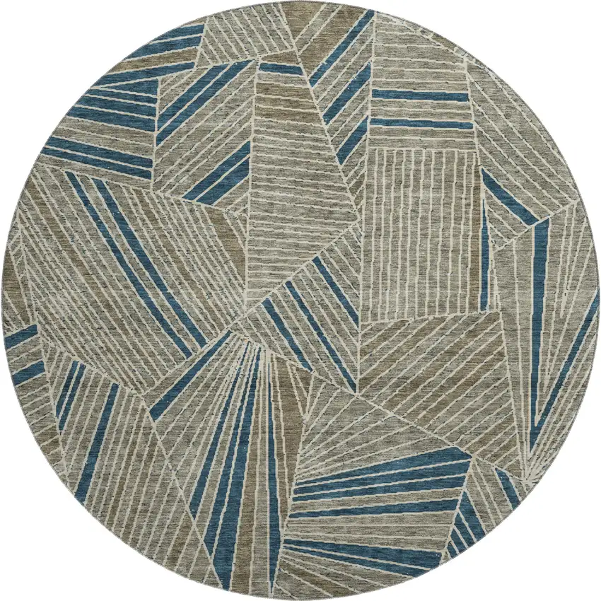 8' Taupe And Beige Geometric Washable Round Rug With UV Protection Photo 1