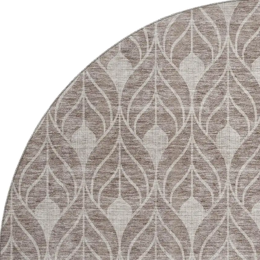 8' Taupe And Beige Geometric Washable Round Rug With UV Protection Photo 3
