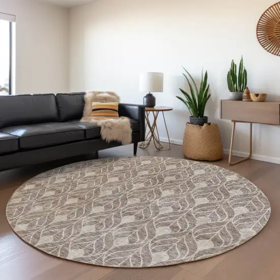 8' Taupe And Beige Geometric Washable Round Rug With UV Protection Photo 4