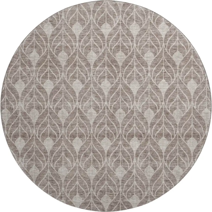 8' Taupe And Beige Geometric Washable Round Rug With UV Protection Photo 1
