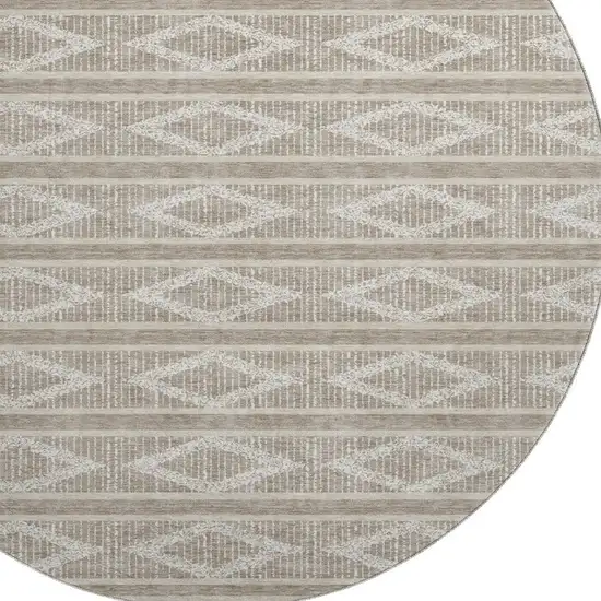 8' Taupe And Beige Geometric Washable Round Rug With UV Protection Photo 2