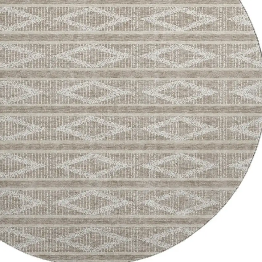 8' Taupe And Beige Geometric Washable Round Rug With UV Protection Photo 2