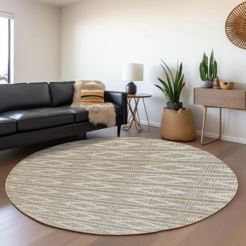 8' Taupe And Beige Geometric Washable Round Rug With UV Protection Photo 4