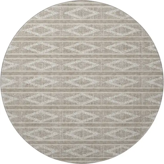 8' Taupe And Beige Geometric Washable Round Rug With UV Protection Photo 3