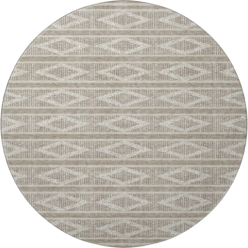 8' Taupe And Beige Geometric Washable Round Rug With UV Protection Photo 3