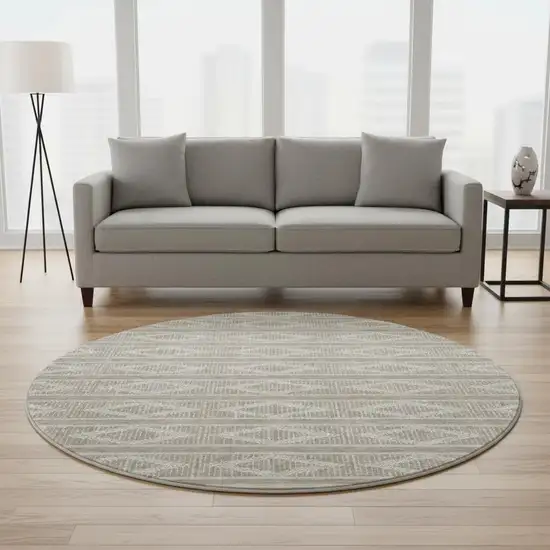 8' Taupe And Beige Geometric Washable Round Rug With UV Protection Photo 2