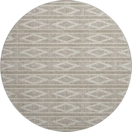 8' Taupe And Beige Geometric Washable Round Rug With UV Protection Photo 1
